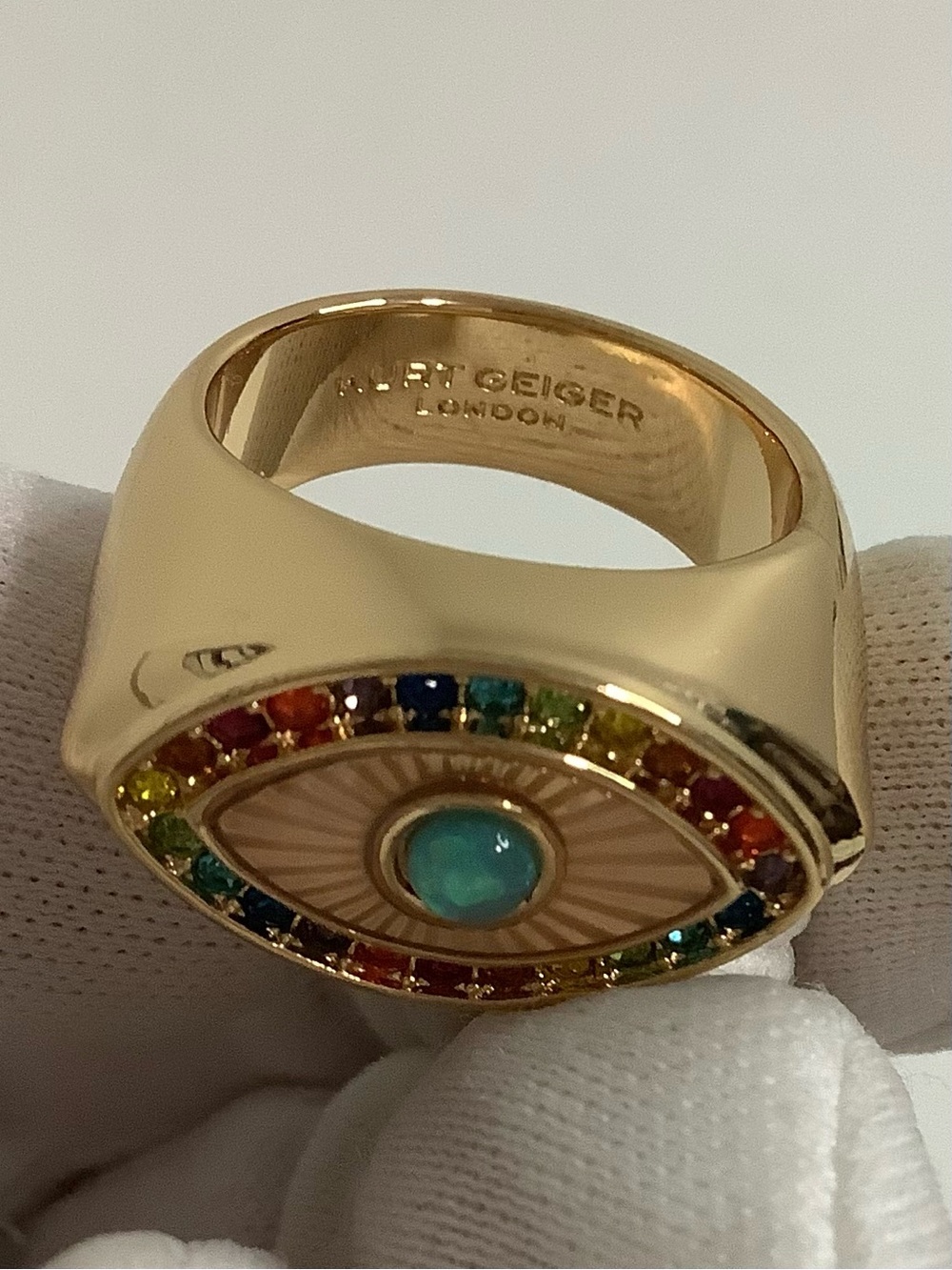 NEW Kurt Geiger London Gold tone Rainbow Multicolor Crystal Eye Ring Sz. 8 - Picture 7 of 10